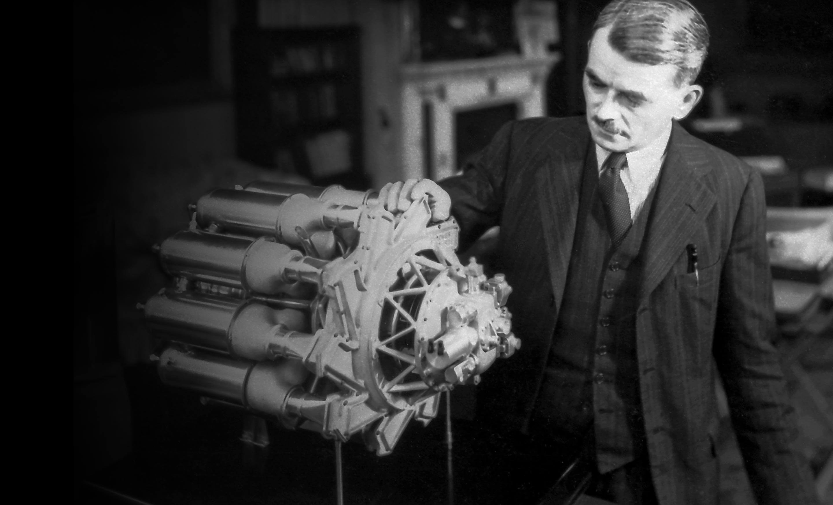 Sir Frank Whittle with a jet engine